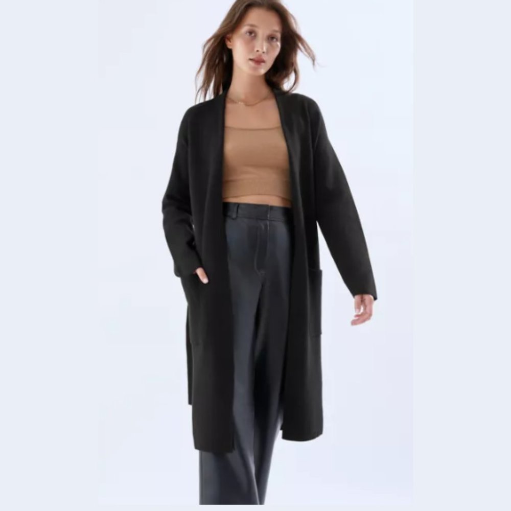BABATON / S / Women's Ty Open Front Double-Knit Long Duster Cardigan Black
